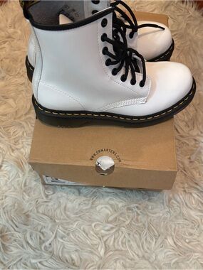 Dr. Martens White Leather Lace-Up Boots with Black Accents